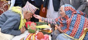 President Paudel receives tika from his elder sister-in-law
