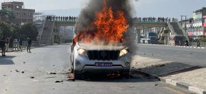 EPS exam centric demonstrators set Minister Prakash Jwala’s vehicle on fire in Balkumari (Photos)