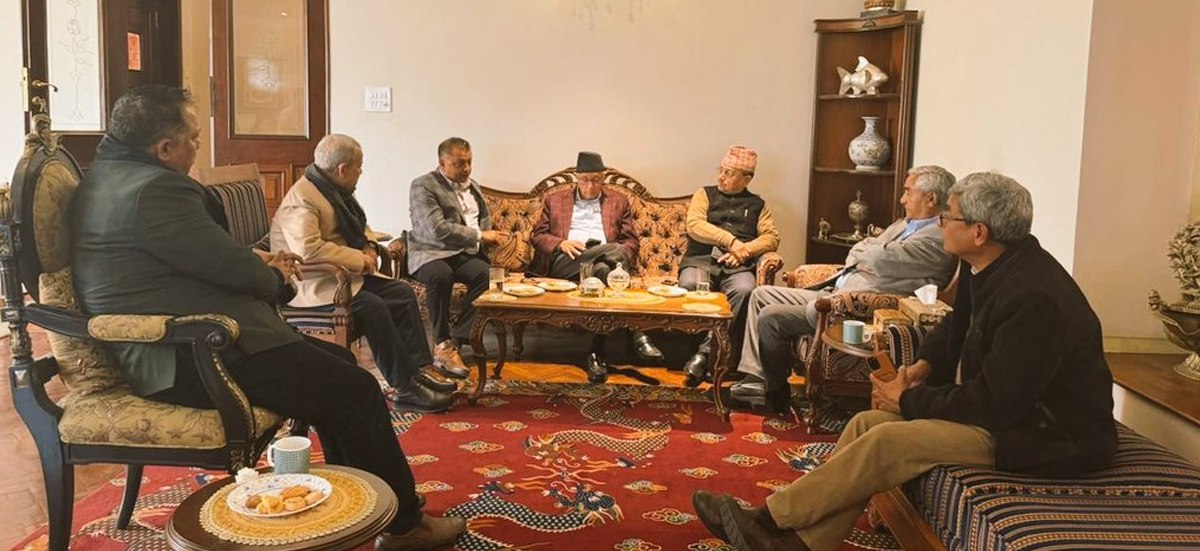 Deuba discusses with Mahanta Thakur, Ramesh Chaudhary and C.K. Raut