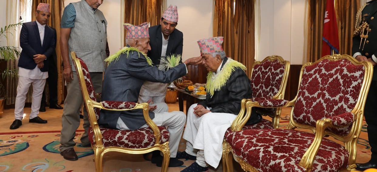 President Paudel receives Tika from his elder brother