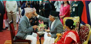 PM Oli receives Tika from President Paudel 