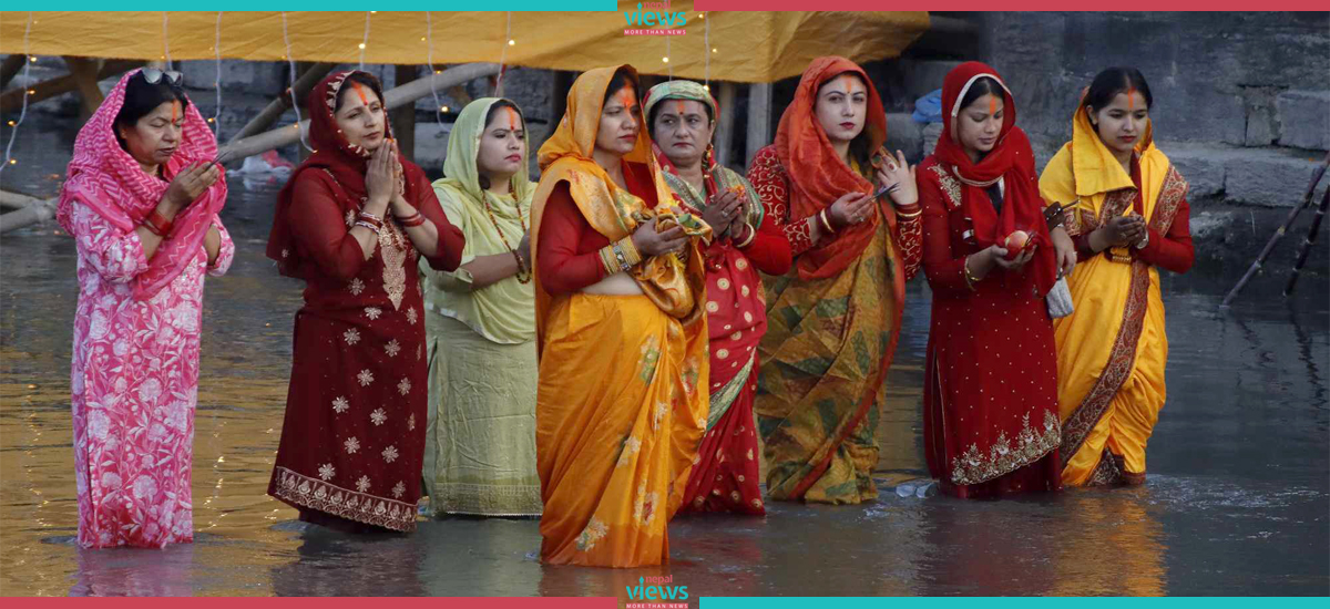 Devotees offer Argha to setting Sun at Guhyeshwari (Photo Feature)