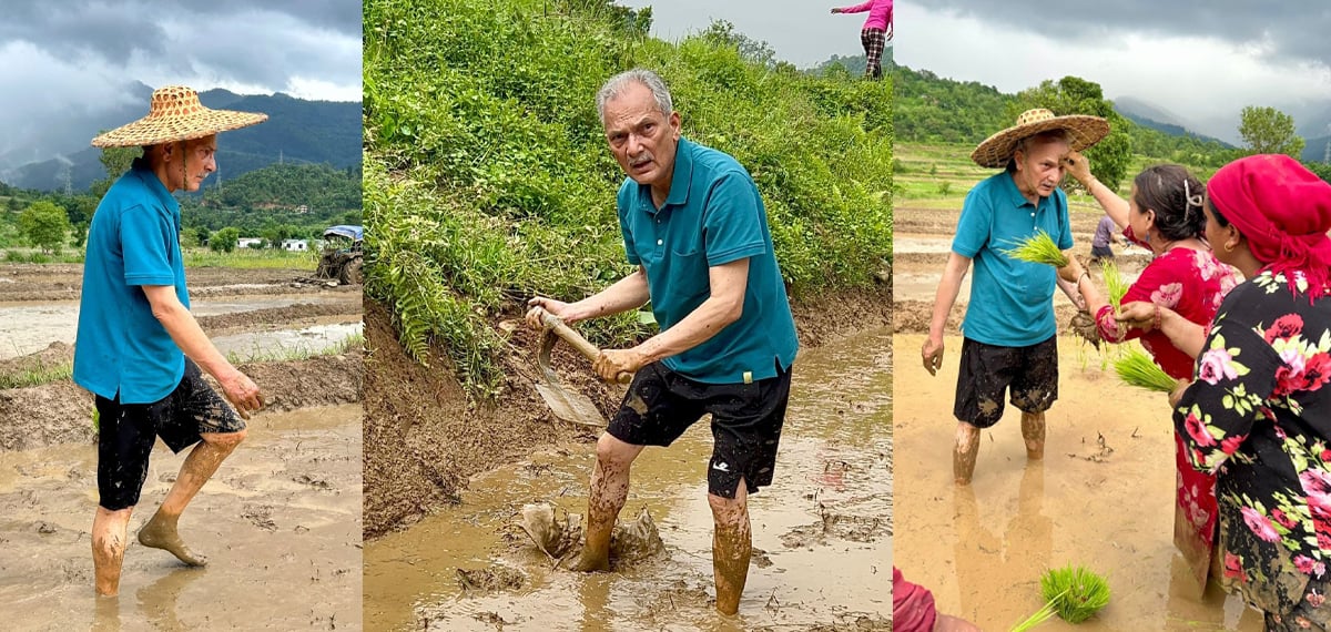 Dr. Baburam Bhattarai joins paddy plantation in Gorkha; Drives Tiller to mark Asar 15